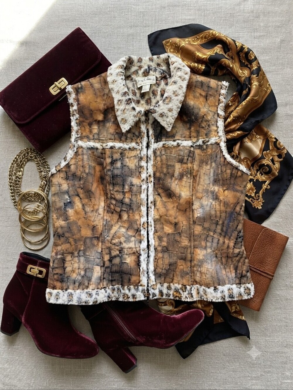 Vintage Joseph Ribkoff Faux Fur Faux Leather Animal Print Vest